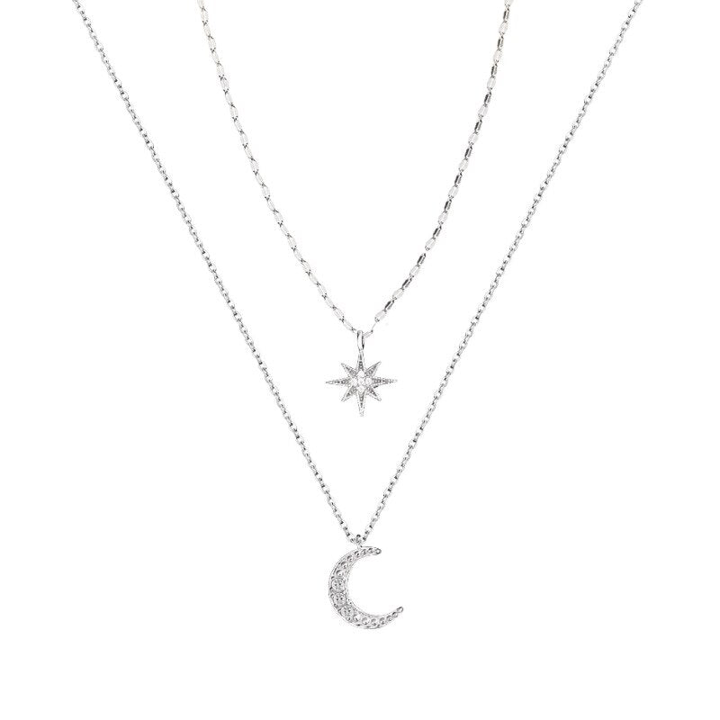 Colar 2 em 1 com pingente de estrela e lua prata 925 – Donna You