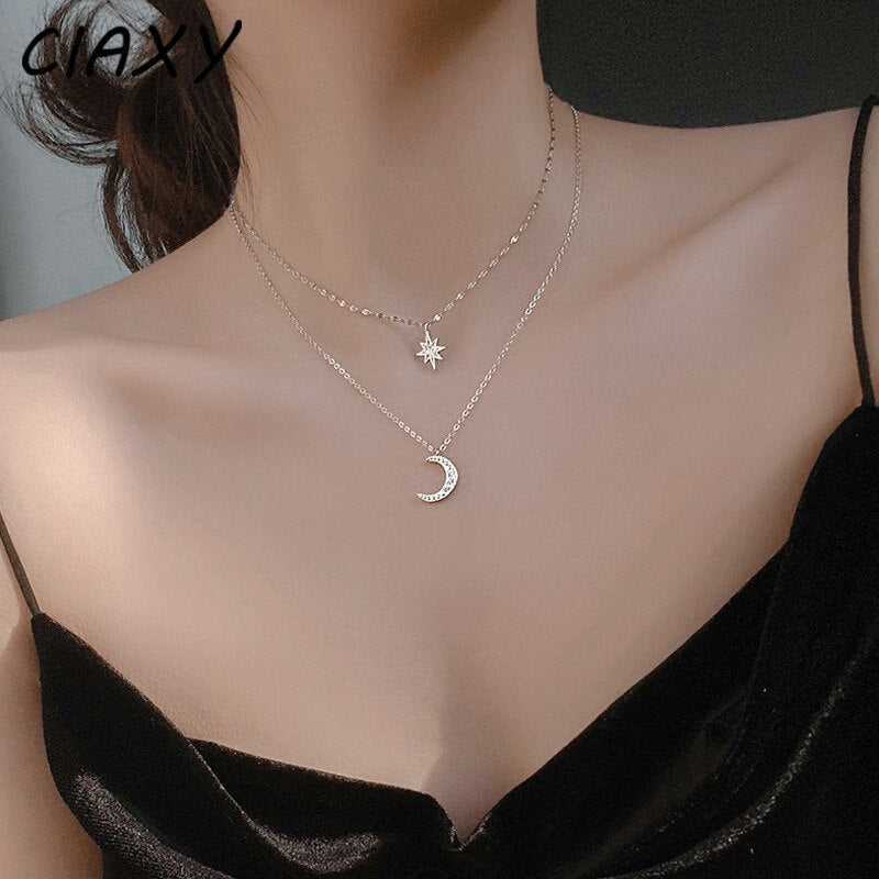 Colar 2 em 1 com pingente de estrela e lua prata 925 – Donna You