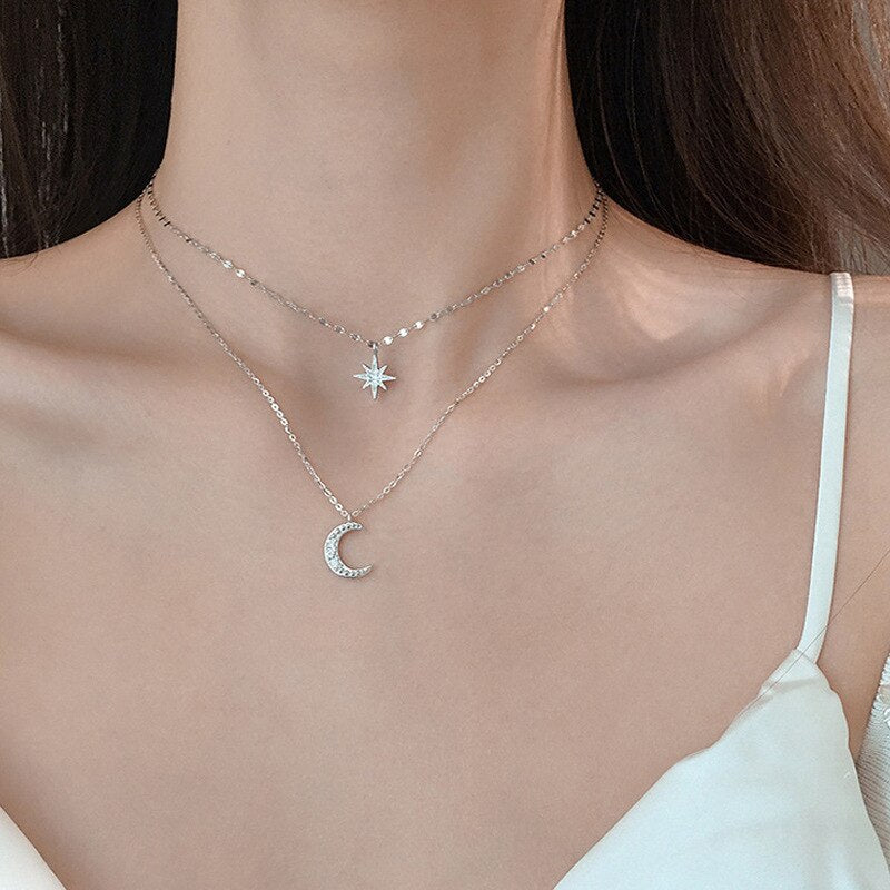 Colar 2 em 1 com pingente de estrela e lua prata 925 – Donna You