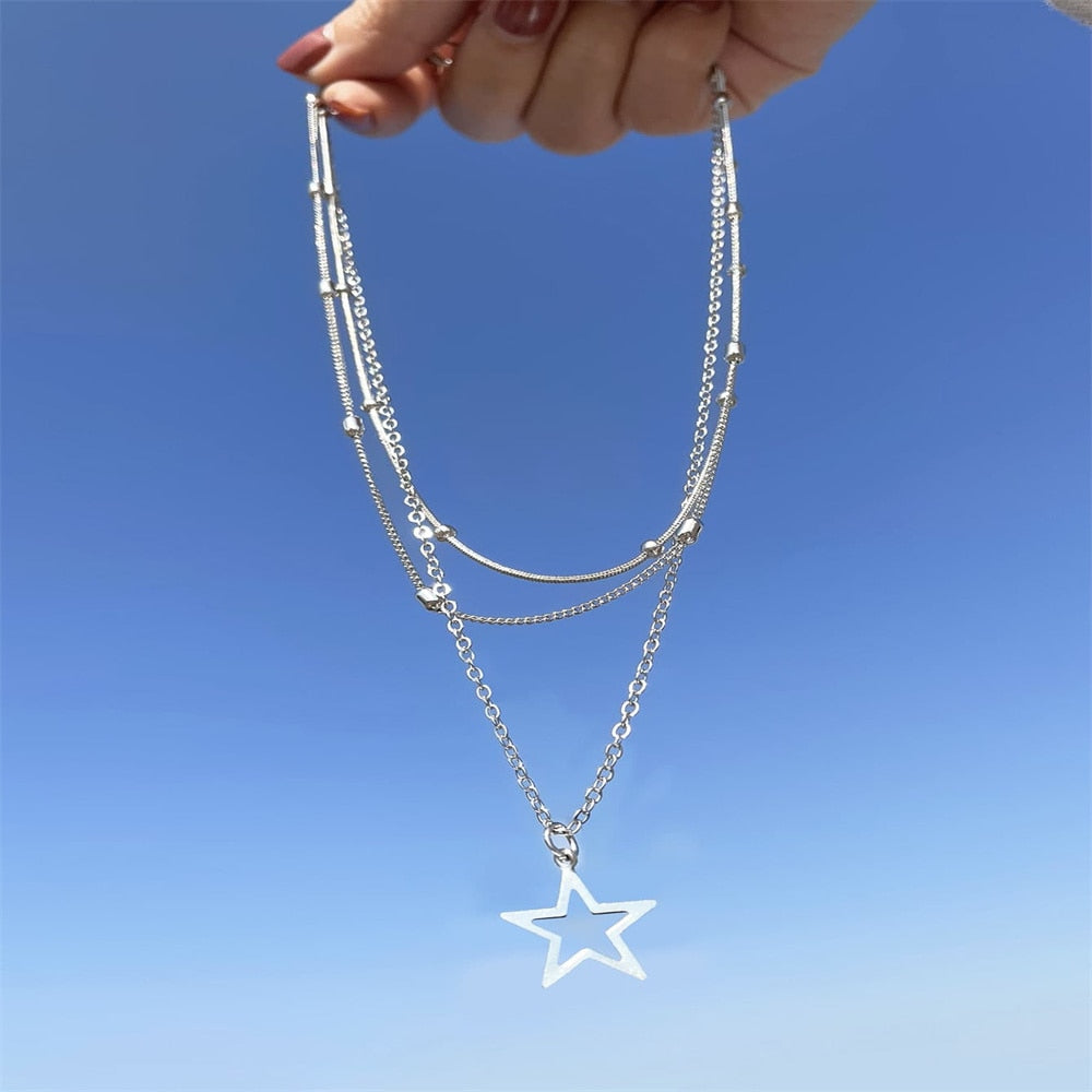 Colar multicamadas com pingente de estrela estilo punk – Donna You