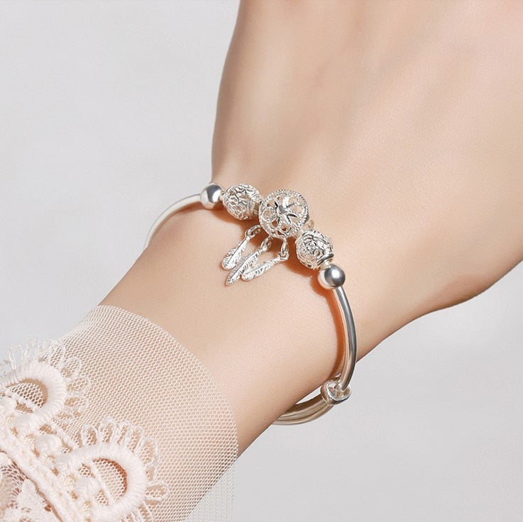bracelete donna you feminino prata 925 com penas