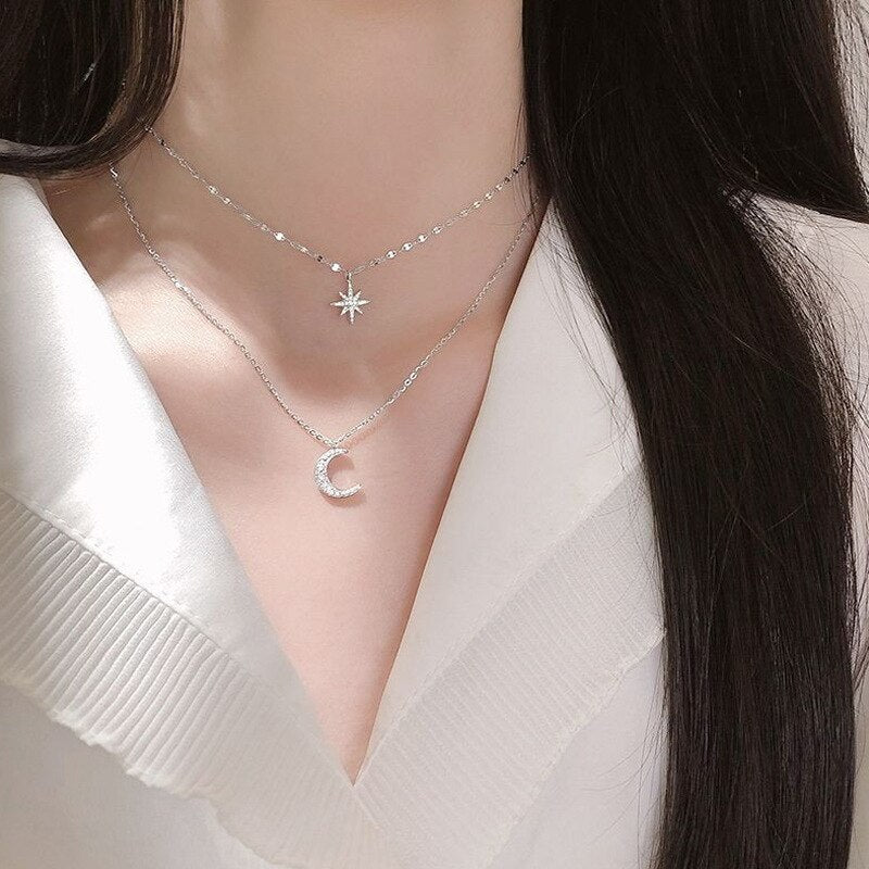 Colar 2 em 1 com pingente de estrela e lua prata 925 – Donna You