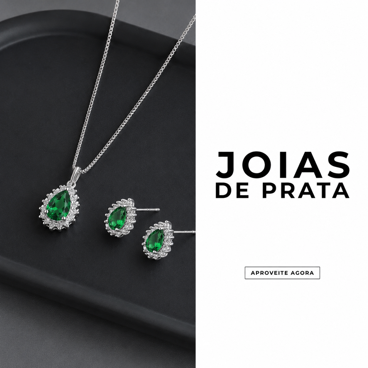 Conjunto Colar e Brinco Verde Cravejado em Prata 925