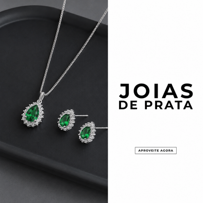 Conjunto Colar e Brinco Verde Cravejado em Prata 925
