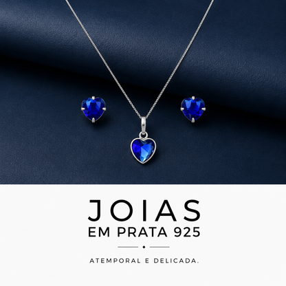 Conjunto Colar e Brinco Azul em Prata 925