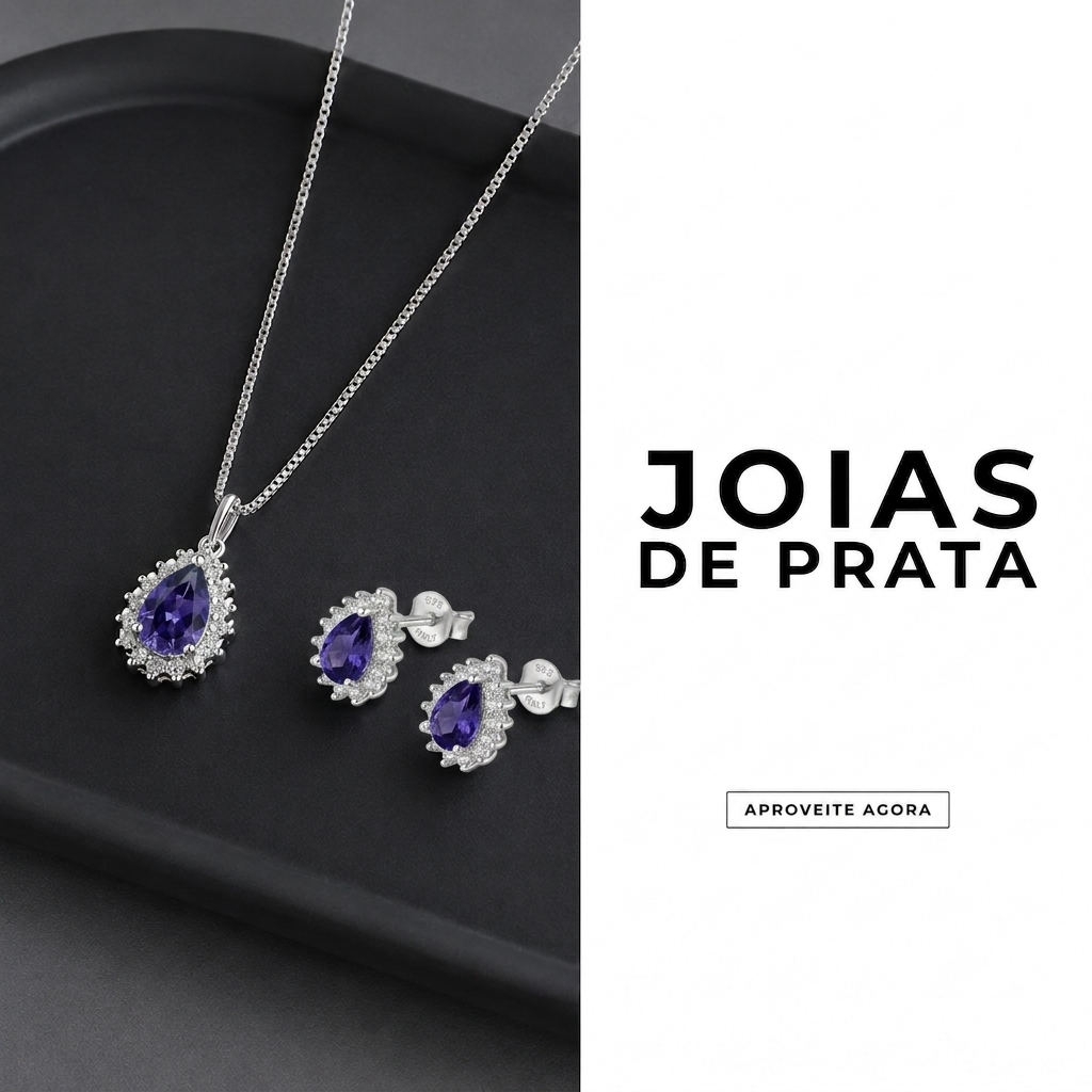 Conjunto Colar e Brinco Azul Cravejado em Prata 925