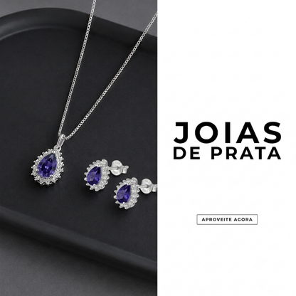 Conjunto Colar e Brinco Azul Cravejado em Prata 925