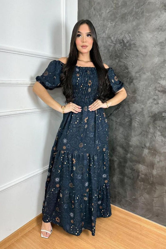 Vestido longo com estampa lua 