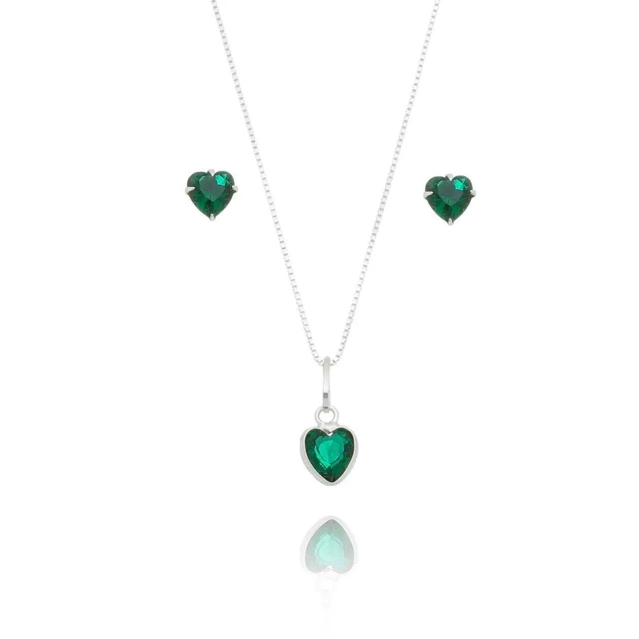 colar e brinco prata 925 pedra verde elegante