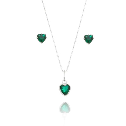 colar e brinco prata 925 pedra verde elegante