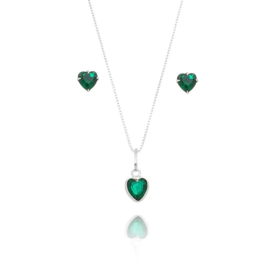 colar e brinco prata 925 pedra verde elegante