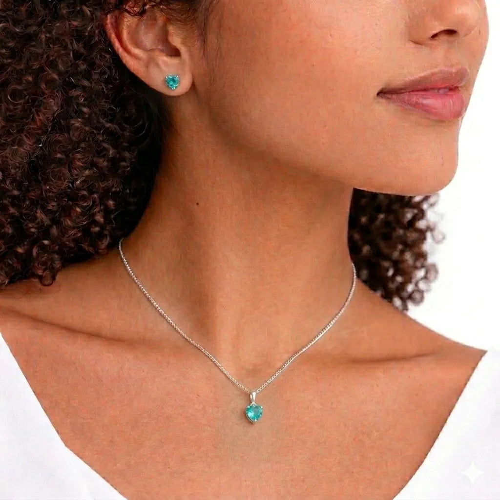 conjunto colar e brinco verde marinho prata 925
