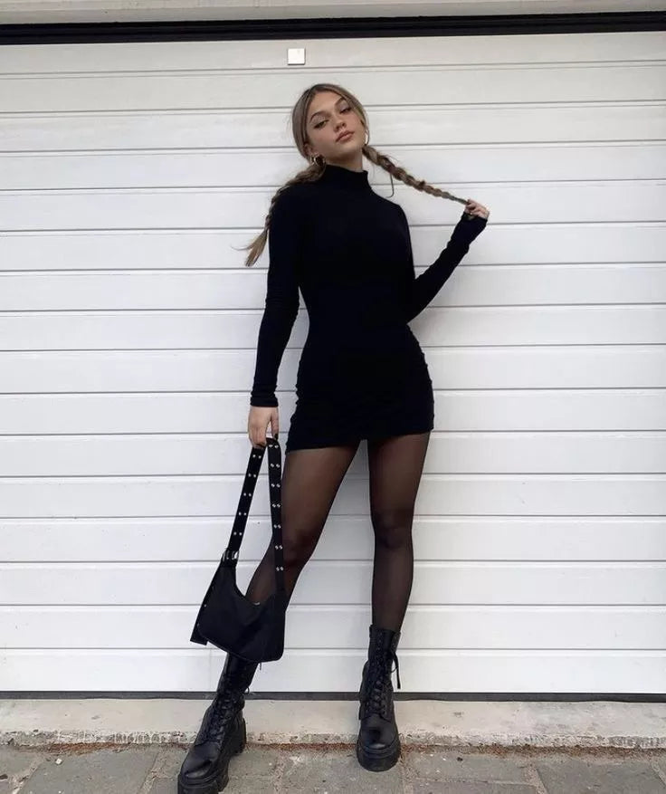 vestido de manga longa preto, curto com frete grátis 