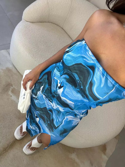 vestido midi azul, Virgínia,com fenda 